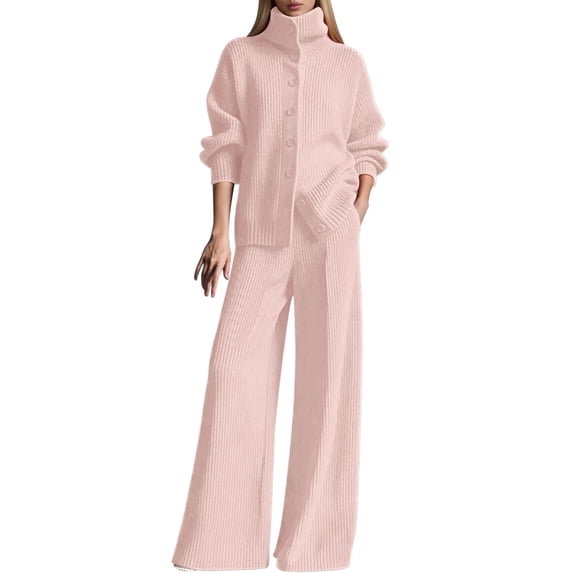 Two Piece Sets for Women Solid Colo Elegant Knit High Neck Button Cardigan Top and Wide Leg Trousers Dressy Outwear