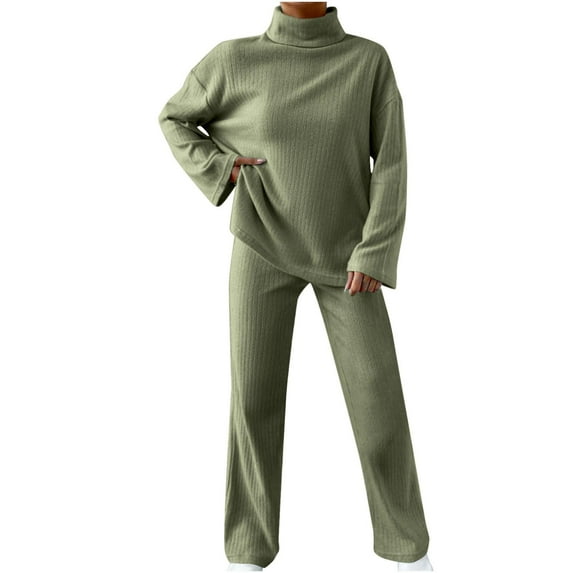 Two Piece Sets for Women Solid Color Loose And Fashionable Knitted High Neck Slit Top Pocket Pants Casual Set Suit