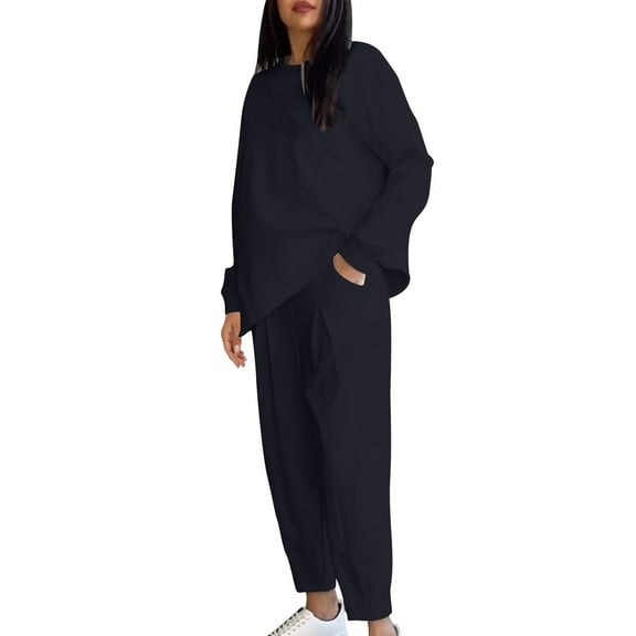Two Piece Sets for Women Solid Color Pullover Sweatsuits Long Sleeve Crew Neck Tracksuits Fall Loose Outfits Suits (Black L)