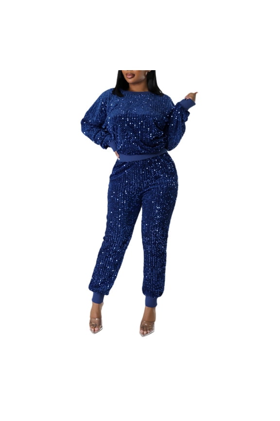 Two Piece Sets for Women Solid Color Sequins Sports Long Sleeve Sweatshirt with Pencil Pants Clubwear Workout Set