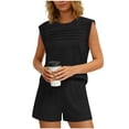 thumbnail image 1 of Two Piece Sets for Women Solid Color Short Sleeve Front Pleated Round Neck Top and Shorts Set, 1 of 8