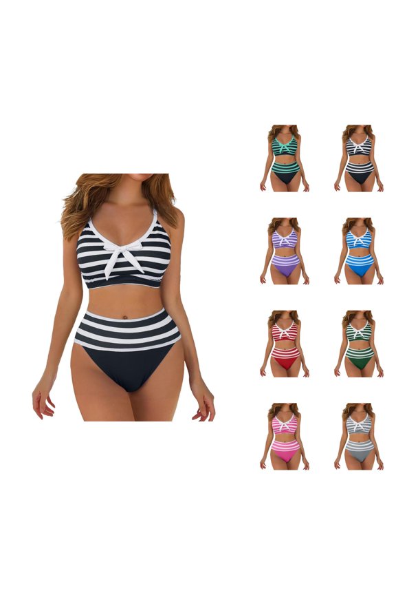 Two Piece Sets for Women Striped Print Tankini with Bow Detail High Waist Bikini Bathing Suit Nautical Swimwear for Summer Beach Vacation