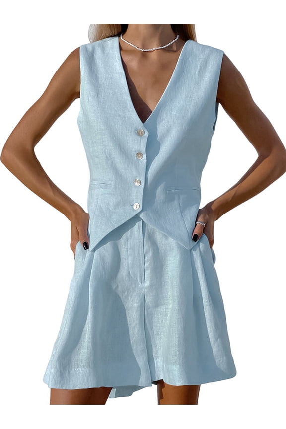 Two Piece Sets for Women Summer 2025 Button Down Suit Vest Tops High Waisted Shorts Business Casual Outfits Blue M