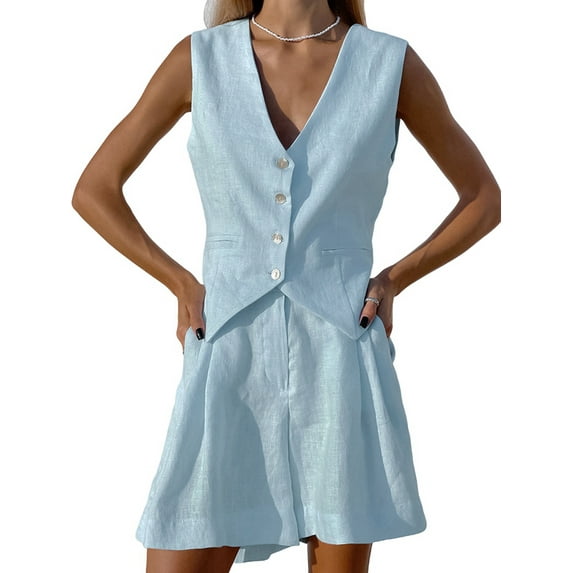 Two Piece Sets for Women Summer 2025 Button Down Suit Vest Tops High Waisted Shorts Business Casual Outfits Blue S