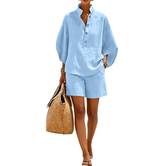 Two Piece Sets for Women Summer 3/4 Sleeve Top Shorts Set Button Down Lounge Matching Sets for Vacation