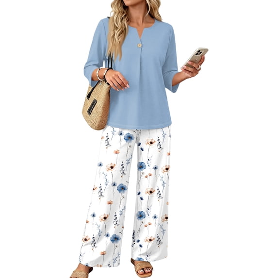 Two Piece Sets for Women Summer 3/4 Sleeve Tops and Wide Leg Pants Tracksuit Beach Vacation Clothes Airport Travel Matching Clothing