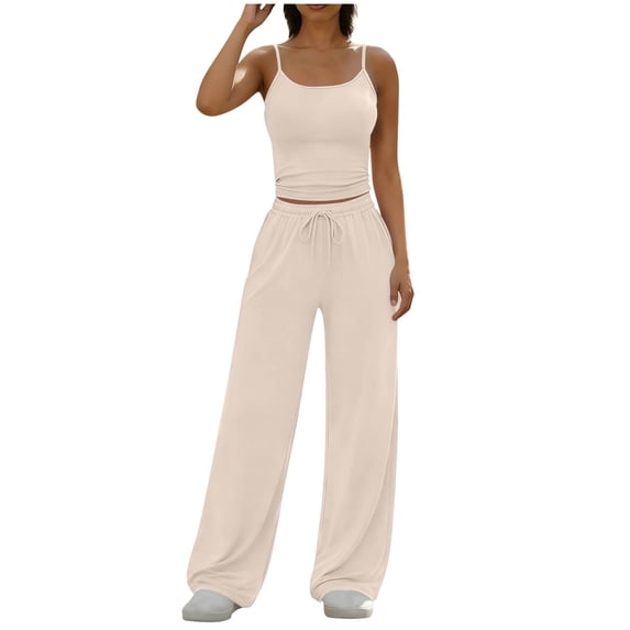 Two Piece Sets for Women,Summer Cami Tops 2 Piece Sets for Women Sleeveless Halter Crop Tees Wide Leg Drawstring Pants Matching Athletic Tracksuit