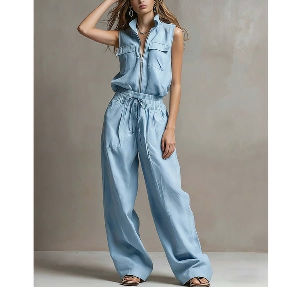 Two Piece Sets for Women Summer Casual 2 Piece Outfits Sleeveless Zip Up Top High Waisted Wide Leg Pants Summer Streetwear Set