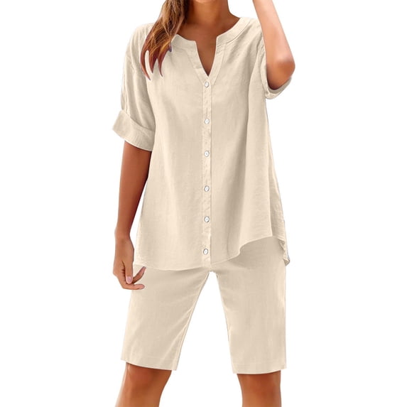 Two Piece Sets for Women Summer Casual Button Down Shirts Gauze Bermuda Shorts Fashion Beach Vacation Lounge Outfits