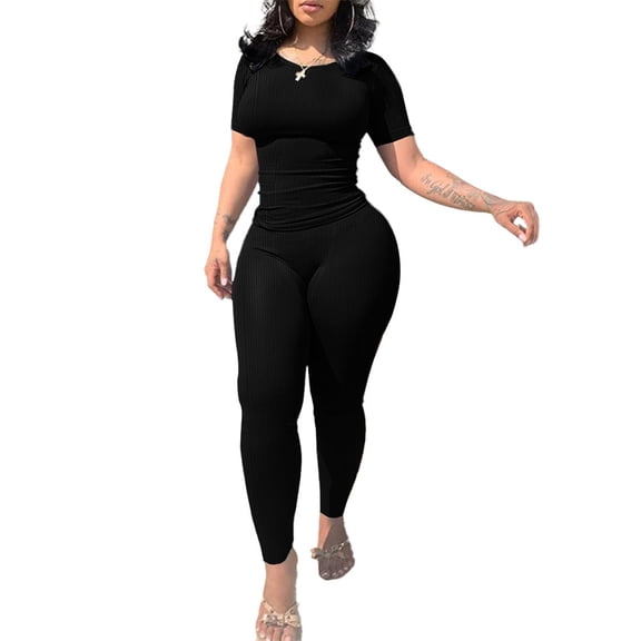 Two Piece Sets for Women Summer Casual Jogger Workout Outfits Fitted Crew Neck T-shirt High Waist Legging Sets Black L
