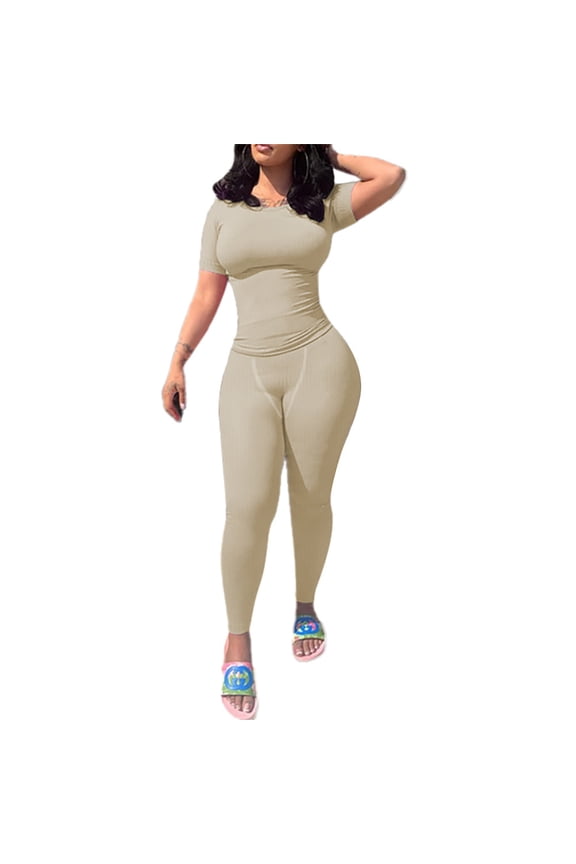 Two Piece Sets for Women Summer Casual Jogger Workout Outfits Fitted Crew Neck T-shirt High Waist Legging Sets Cream XL