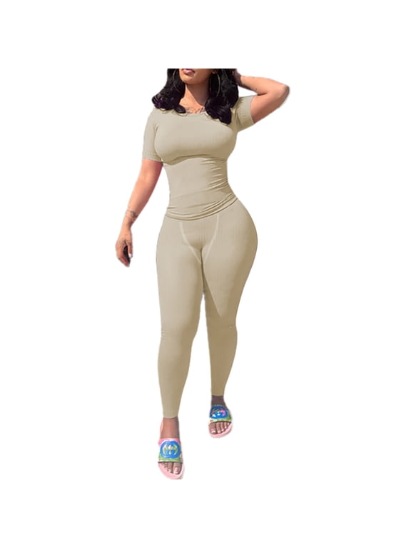 Two Piece Sets for Women Summer Casual Jogger Workout Outfits Fitted Crew Neck T-shirt High Waist Legging Sets Cream XL