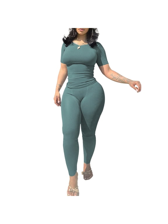 Two Piece Sets for Women Summer Casual Jogger Workout Outfits Fitted Crew Neck T-shirt High Waist Legging Sets Green TwoXL