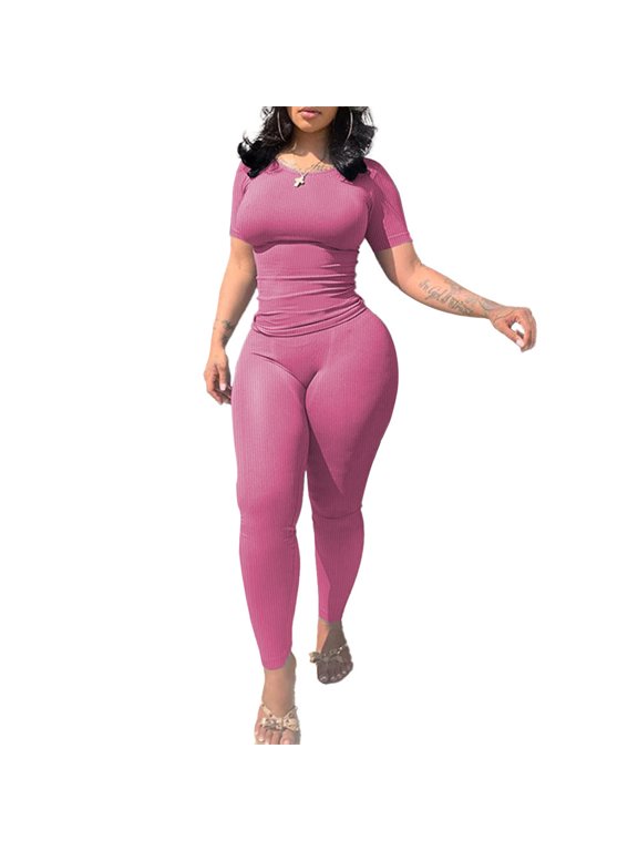 Two Piece Sets for Women Summer Casual Jogger Workout Outfits Fitted Crew Neck T-shirt High Waist Legging Sets Pink M