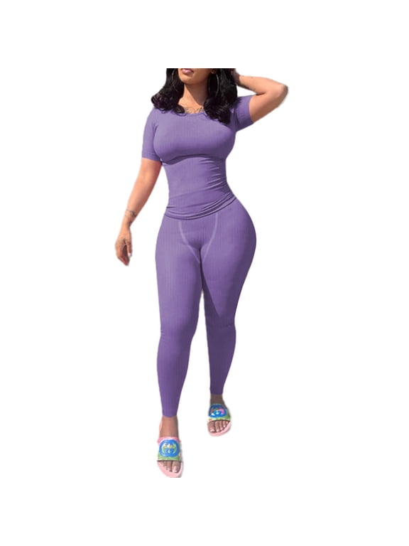 Two Piece Sets for Women Summer Casual Jogger Workout Outfits Fitted Crew Neck T-shirt High Waist Legging Sets Purple TwoXL