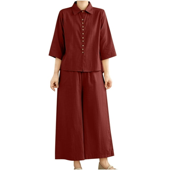 Two Piece Sets for Women Summer Casual Solid Color Cotton Linen Outfits 3/4 Sleeve Cardigan Wide Leg Pants Loungewear (Coffee L)