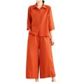 thumbnail image 1 of Two Piece Sets for Women Summer Casual Solid Color Cotton Linen Outfits 3/4 Sleeve Cardigan Wide Leg Pants Loungewear (Red 2XL ), 1 of 6
