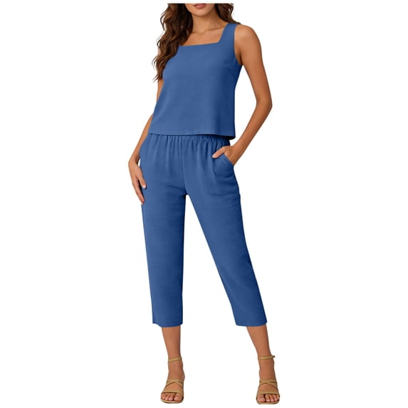 Two Piece Sets for Women Summer Casual Solid Sleeveless Square Neck Tank Top and Elastic Waist Capri Pants 2 Piece Matching Sets
