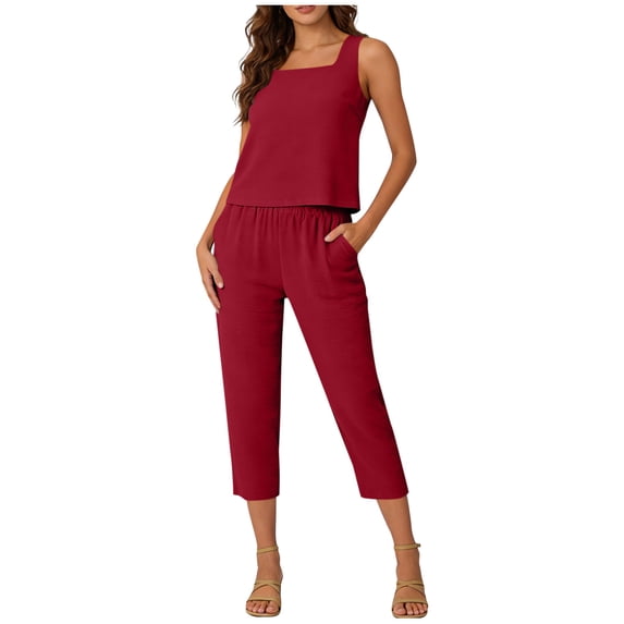 Two Piece Sets for Women Summer Casual Solid Sleeveless Square Neck Tank Top and Elastic Waist Capri Pants 2 Piece Matching Sets