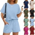 thumbnail image 1 of Two Piece Sets for Women Summer Crew Neck Lounge Short Sets Cap Sleeve Drawstring Sweatsuit with Pocket, 1 of 6