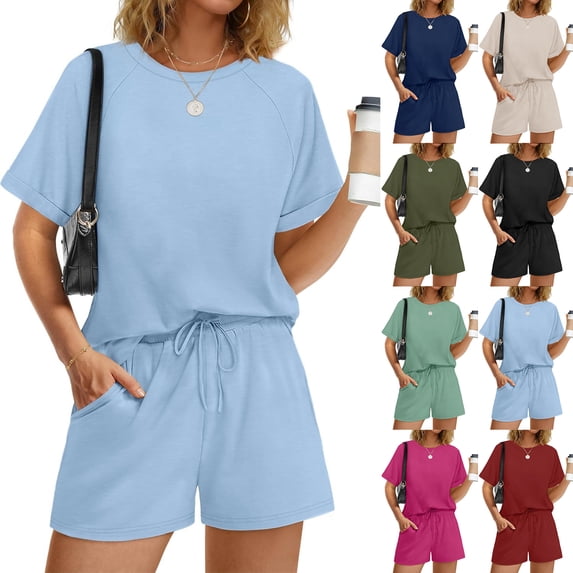 Two Piece Sets for Women Summer Crew Neck Lounge Short Sets Cap Sleeve Drawstring Sweatsuit with Pocket