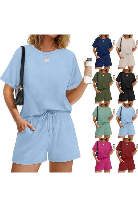Two Piece Sets for Women Summer Crew Neck Lounge Short Sets Cap Sleeve Drawstring Sweatsuit with Pocket