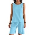 thumbnail image 1 of Two Piece Sets for Women Summer Crew Neck Sleeveless Vest Cotton Linen Solid Color Pockets Short Pants Cute Lounge Travel Outfits, 1 of 7