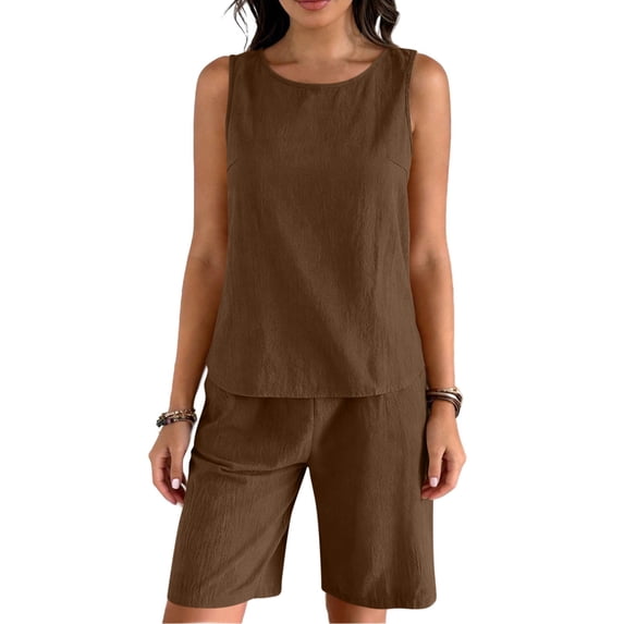 Two Piece Sets for Women Summer Crew Neck Sleeveless Vest Solid Color Pockets Short Ruffles Pants Cute Lounge Travel Outfits