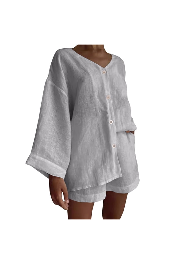 Two Piece Linen Sets for Women Dressy Casual Outfits Long Sleeve Light Loose Button-up V Neck Shirt and Shorts Set,Gray,3XL