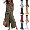 thumbnail image 1 of Two Piece Sets for Women Summer Linen Sleeveless Ruffle Top and Wide Leg Pants Lounge Matching Set, 1 of 7