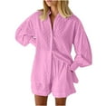 thumbnail image 1 of Two Piece Sets for Women Summer Long Sleeve Button Down Shirts and Shorts Casual Lounge Set Sweatsuits Summer Cotton Tracksuit (Pink L), 1 of 6