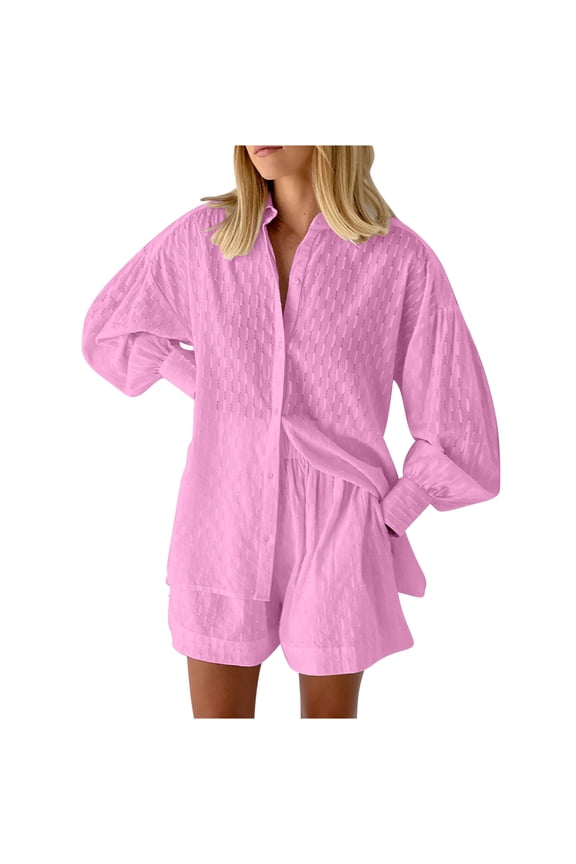 Two Piece Sets for Women Summer Long Sleeve Button Down Shirts and Shorts Casual Lounge Set Sweatsuits Summer Cotton Tracksuit (Pink L)