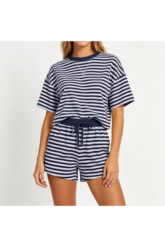 Two Piece Sets for Women Summer Lounge Sets Crew Neck Striped Shirts and Shorts Set Oversized Matching Outfits