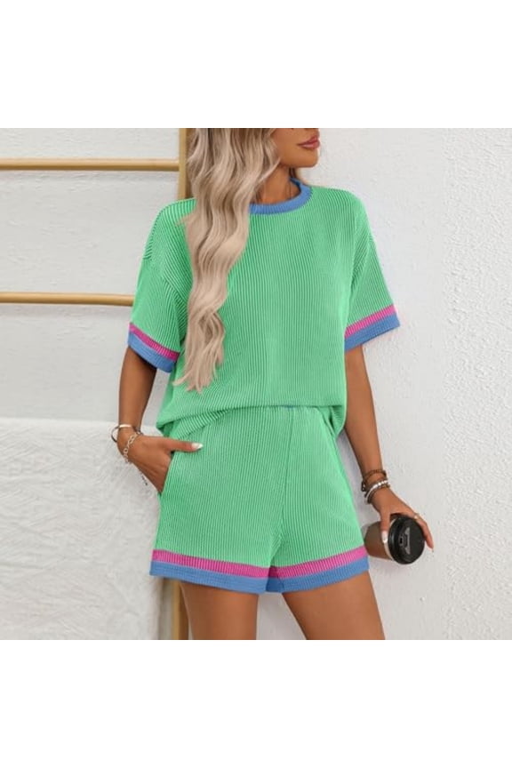 Two Piece Sets for Women Summer Lounge Short Sets Short Sleeve Crew Neck Sweatsuit with Pocket Green 2XL