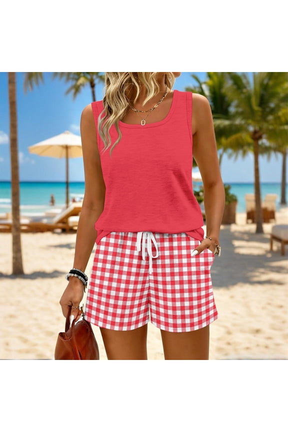 Two Piece Sets for Women Summer Lounge Short Sets Tank Square Neck Sleeveless Sweatsuit with Pocket Pink S