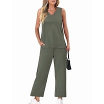 Two Piece Sets for Women Summer Outfits Lounge Sets Mock Neck Tops Wide Leg Crop Pants Green XL