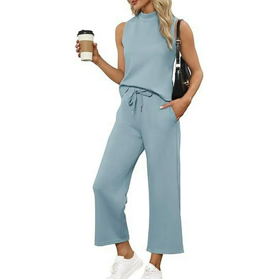 Two Piece Sets for Women Summer Outfits Lounge Sets Mock Neck Tops Wide Leg Crop Pants Lake Blue S