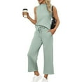 thumbnail image 1 of Two Piece Sets for Women Summer Outfits Lounge Sets Mock Neck Tops Wide Leg Crop Pants Light Green S, 1 of 3