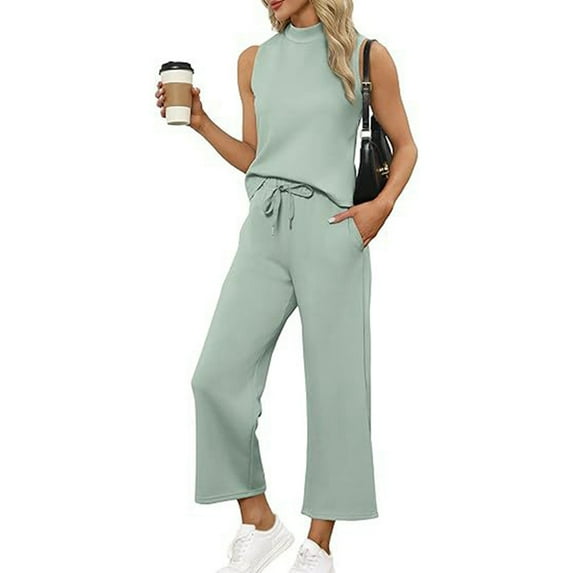 Two Piece Sets for Women Summer Outfits Lounge Sets Mock Neck Tops Wide Leg Crop Pants Light Green S