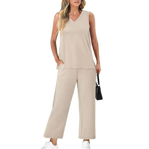 Two Piece Sets for Women Summer Outfits Lounge Sets Mock Neck Tops Wide Leg Crop Pants Vacation Travel Outfits L