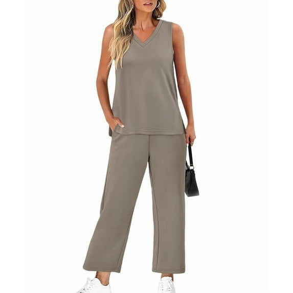 Two Piece Sets for Women Summer Outfits Lounge Sets Mock Neck Tops Wide Leg Crop Pants Vacation Travel Outfits Khaki XL