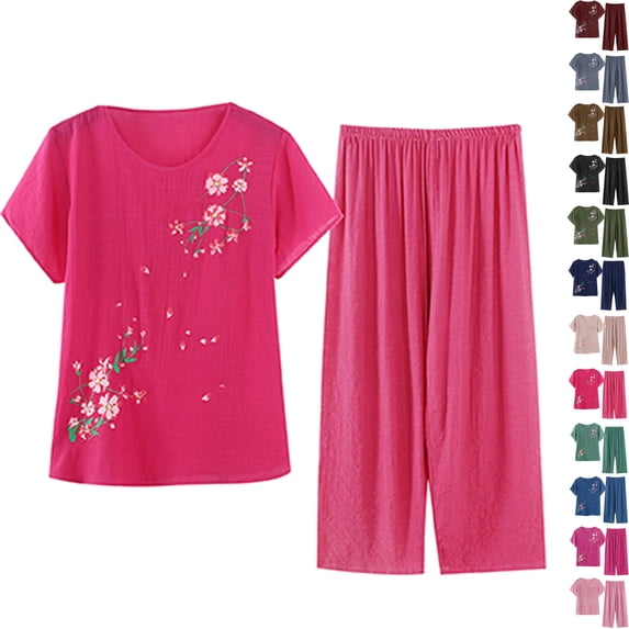 Two Piece Sets for Women Summer Outfits Lounge Sets Round Neck Tops Wide Leg Pants Woman Vacation Travel Outfits Plus Size