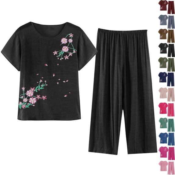Two Piece Sets for Women Summer Outfits Lounge Sets Round Neck Tops Wide Leg Pants Woman Vacation Travel Outfits Plus Size