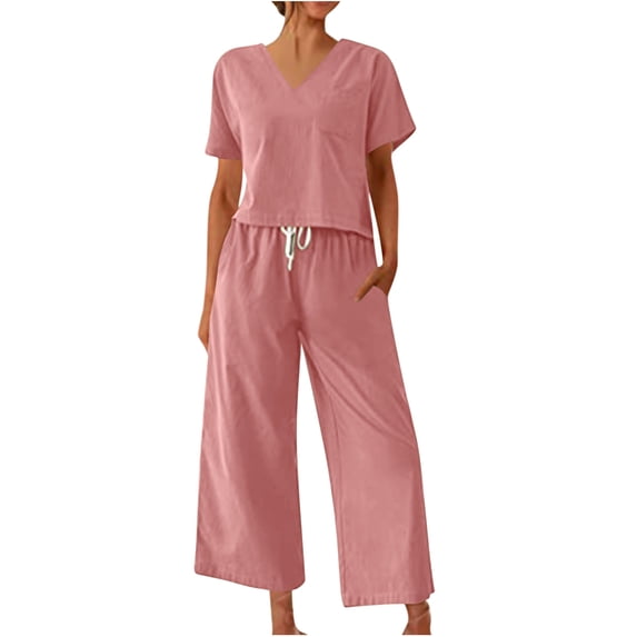 Two Piece Sets for Women Summer Outfits Lounge Sets V Neck Tops Wide Leg Pants Woman Vacation Travel Outfits