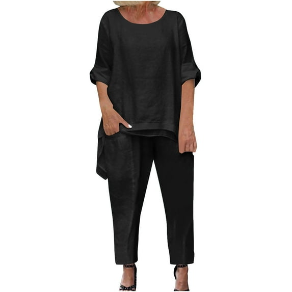 Two Piece Sets for Women Summer Outfits New Women's Solid Color Round Neck Short Sleeve and Pants Sets with Pockets B-43 Black 3XL