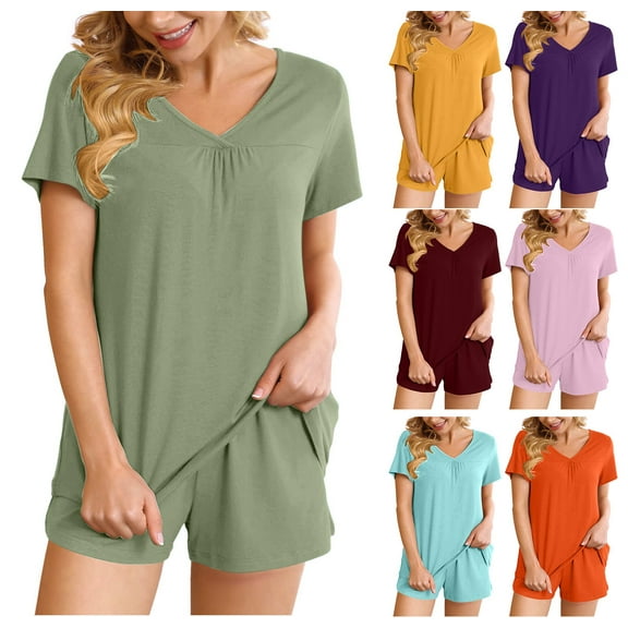 Two Piece Sets for Women Summer Plus Size Fashion V Neck Shorts Sleeve Two-piece Comfortable Home Pajamas Set Sports Set