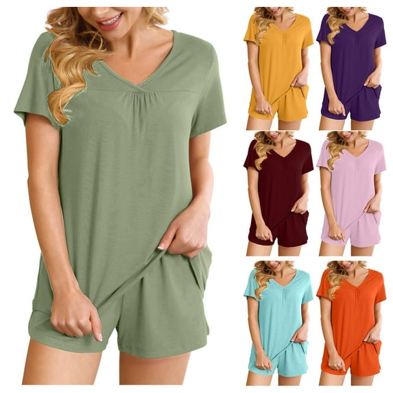 Two Piece Sets for Women Summer Plus Size Fashion V Neck Shorts Sleeve Two-piece Comfortable Home Pajamas Set Sports Set