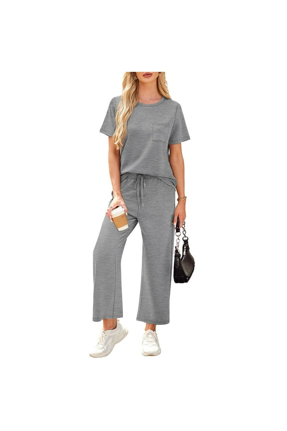 Two Piece Sets for Women Summer Short Sleeve Lounge Sets for Women Casual Travel Outfits Wide Leg Tracksuits Gray L