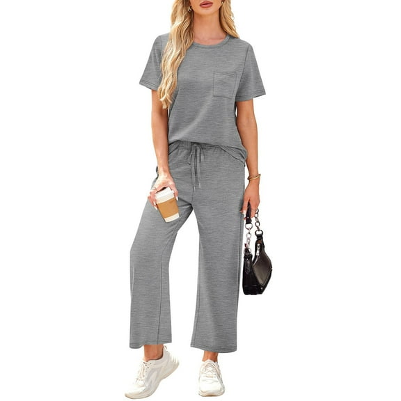 Two Piece Sets for Women Summer Short Sleeve Lounge Sets for Women Casual Travel Outfits Wide Leg Tracksuits Gray M