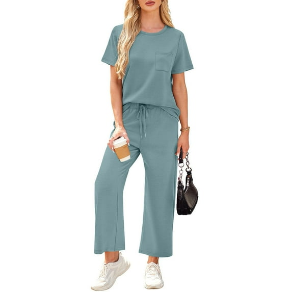 Two Piece Sets for Women Summer Short Sleeve Lounge Sets for Women Casual Travel Outfits Wide Leg Tracksuits Light Brown S